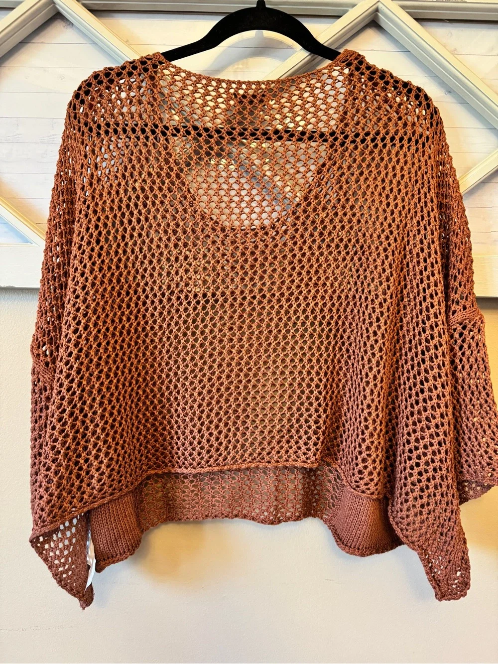 Sweater Women's Crochet Open Knit Oversized Pockets Made In Italy‎ Rust